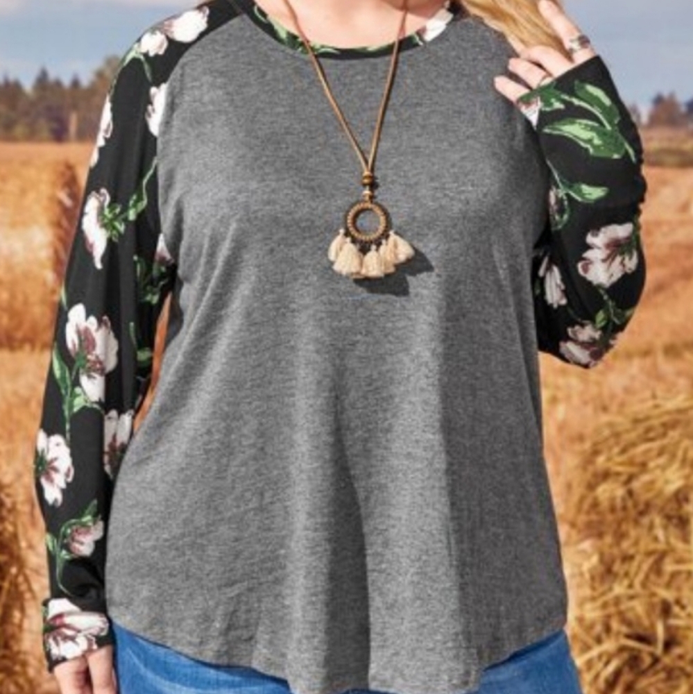 Plus Size Floral Print Raglan Long Sleeve T-Shirt